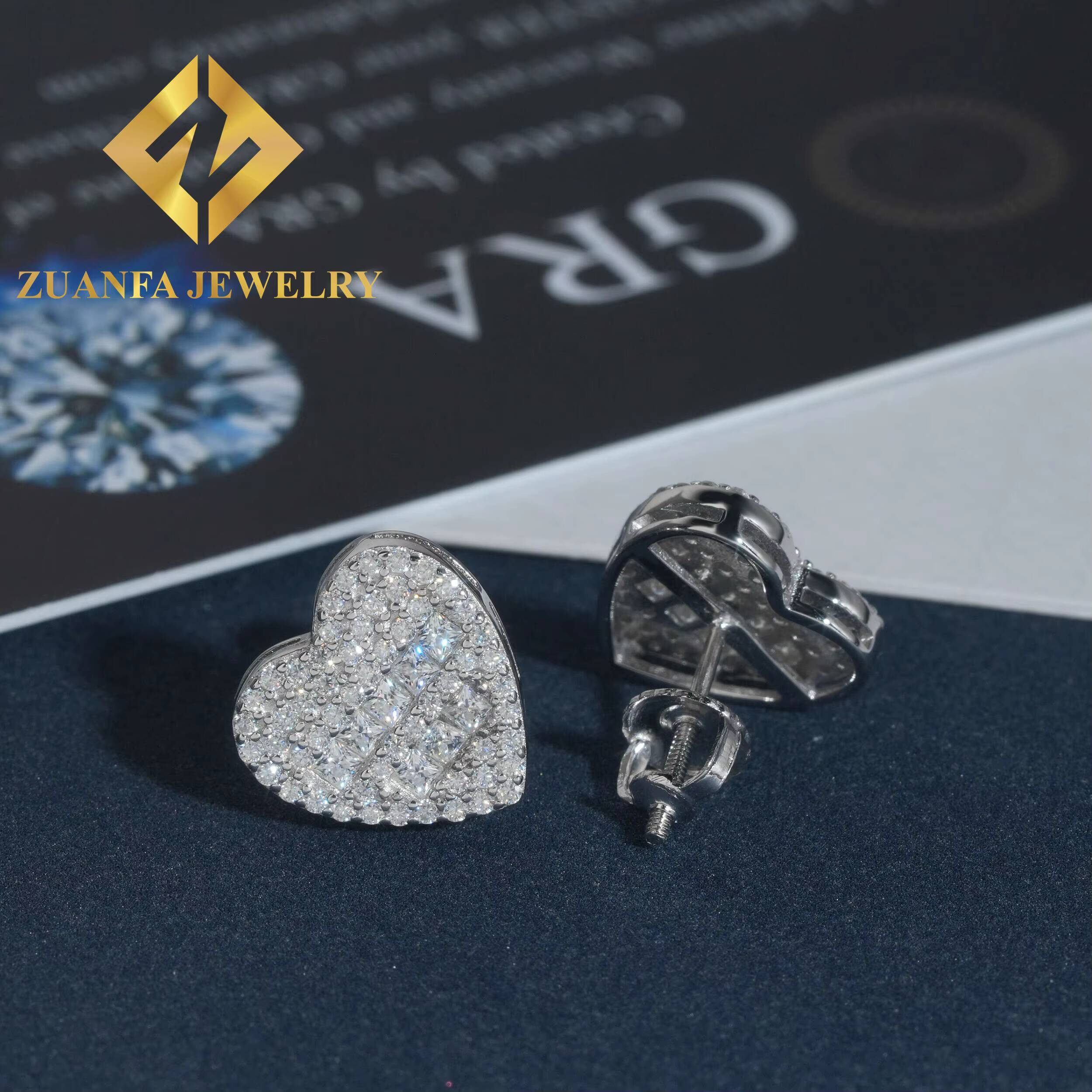 Wholesale Price Heart Shape Stud Earring Hip Hop 925 Sterling Silver baguette Moissanite Luxury Stud Earring