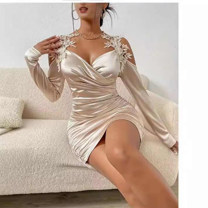 Luxury Brand Designer Clothes 2025 European And American Spring And Autumn New Satin Elegant Lace Bodycon Dress Ruched Dress