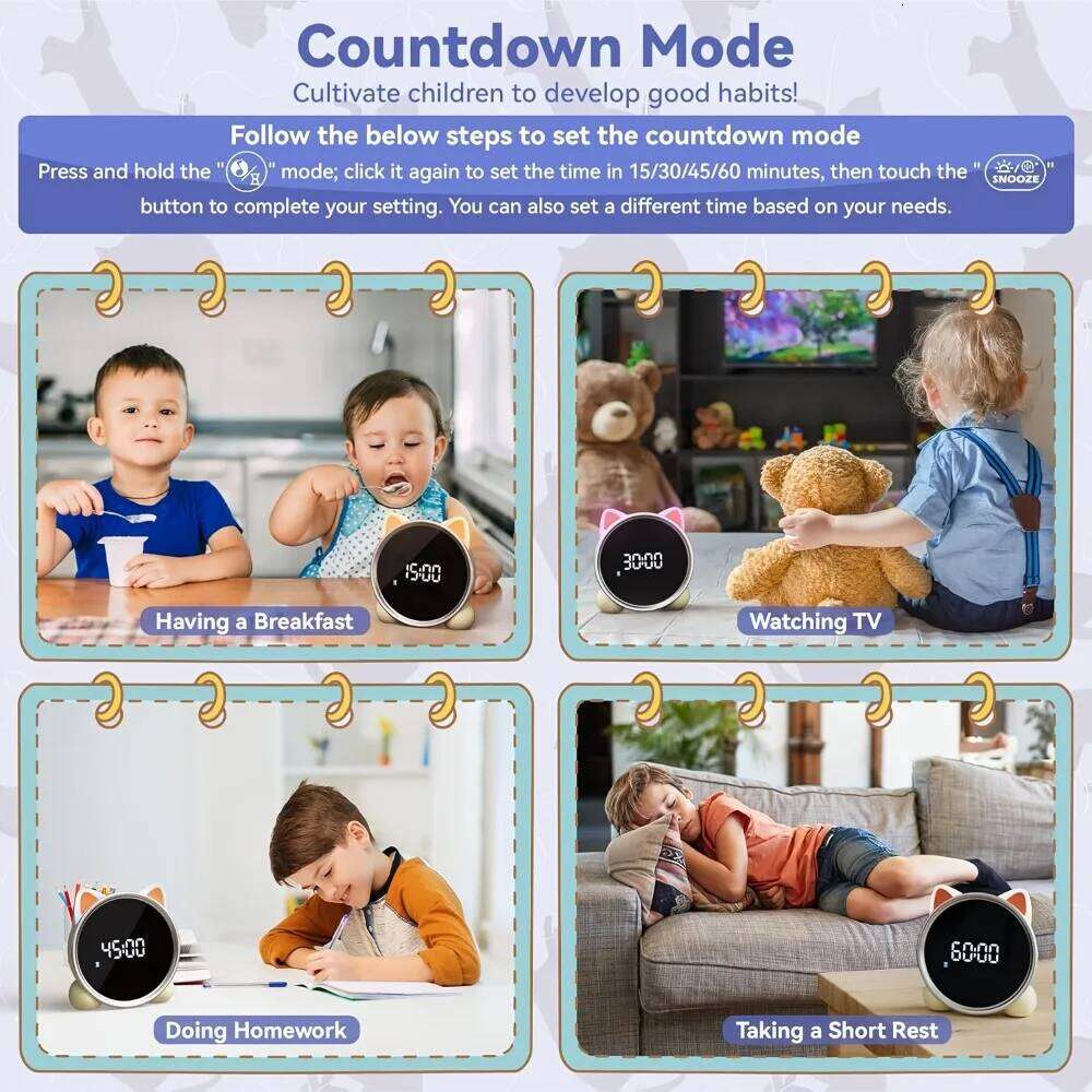 Kids Alarm Clock Ready Rise Children's Sleep Trainer Night Light Sound Machine Cute Cat Design Fun to Wake for Toddlers Gift W260130
