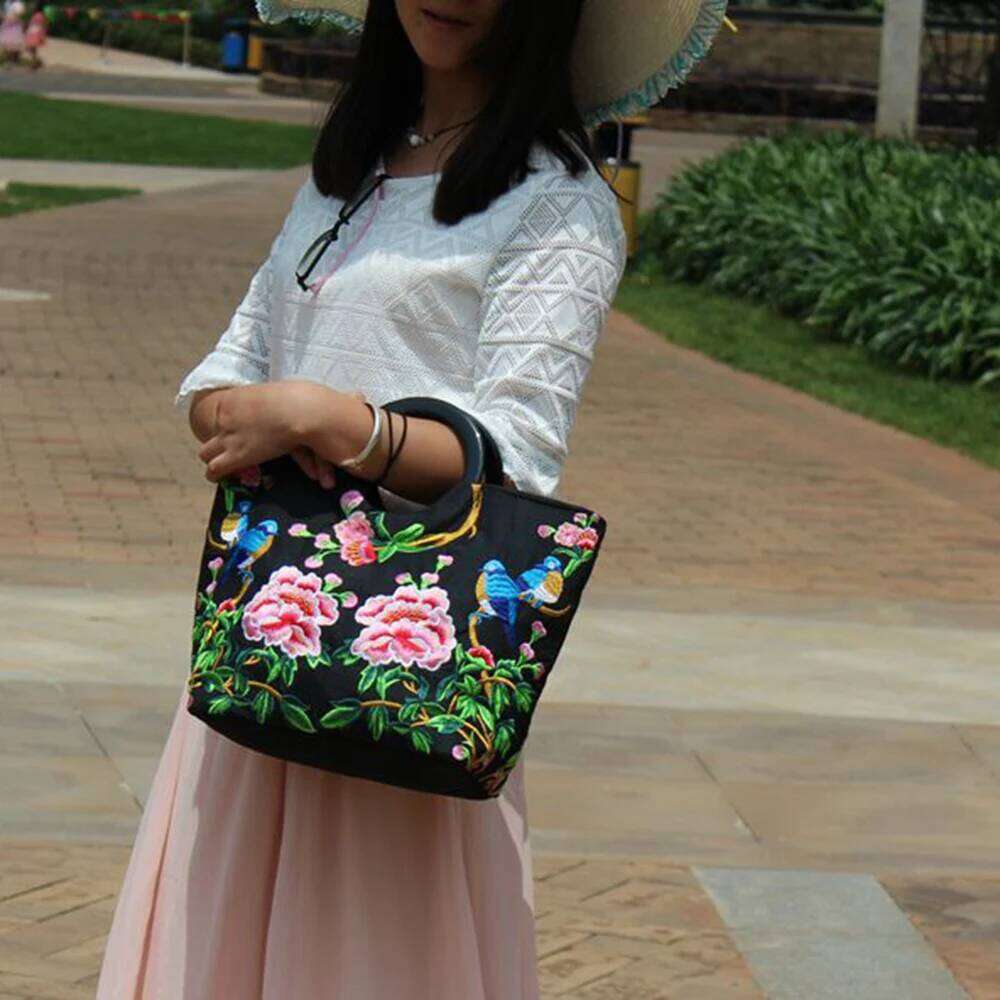 Women S Ethnic Embroidery Top Handle Bag Portable Canvas Floral Cloth Carrying Bags Chinese National Style KABAHEBINGJUE