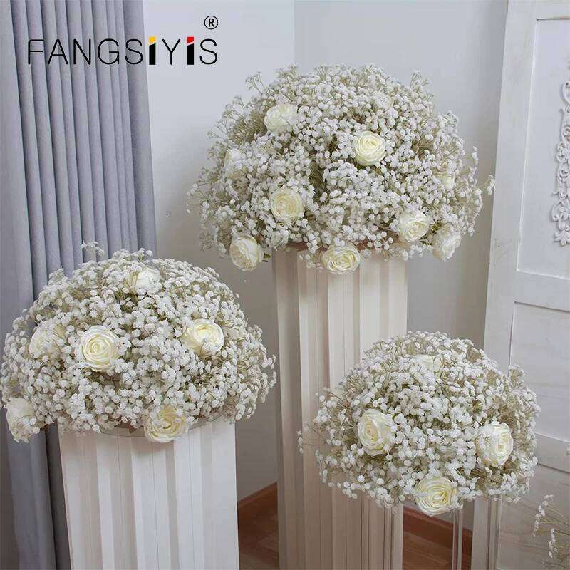 40/50/60/70/80cm White Baby Breath Rose Artificial Flower Ball Wedding Table Centerpiece Deco Gypsophila Floral Event Party Prop Y260130