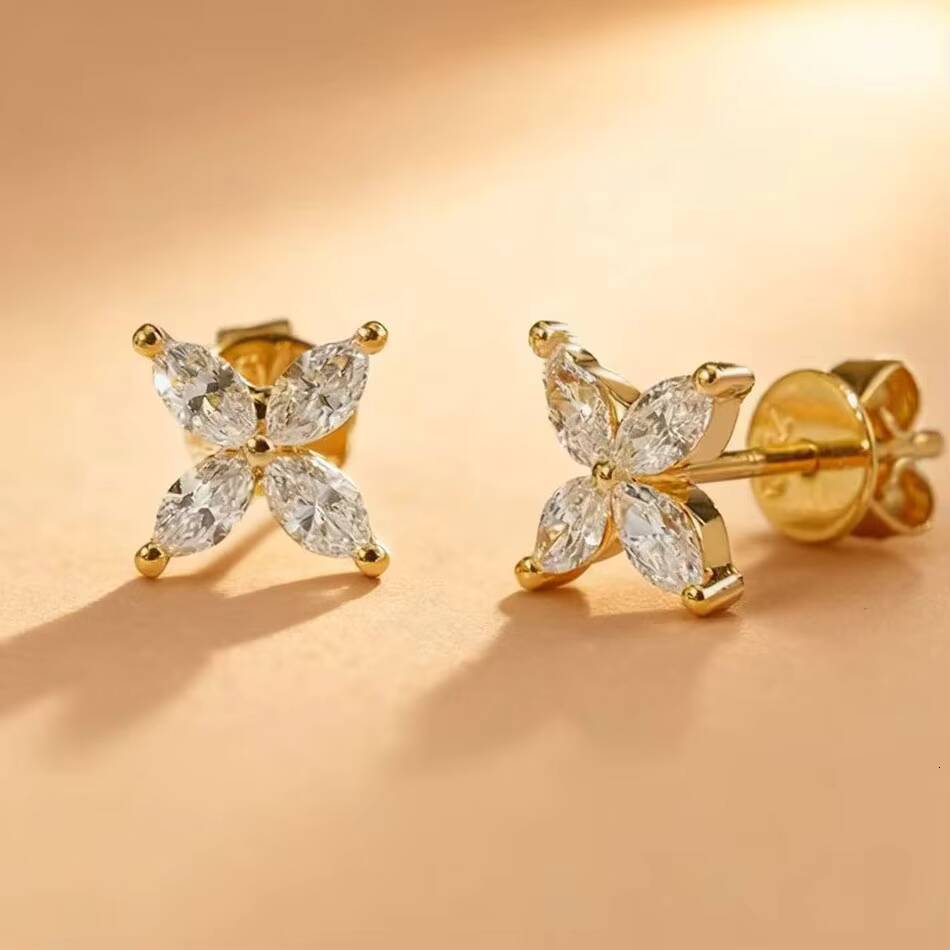 Classic Huacan Luxury 18K Gold Marquise Cut Lab Diamond Clover Flower Stud Earrings Trendy Designer Daily Wear