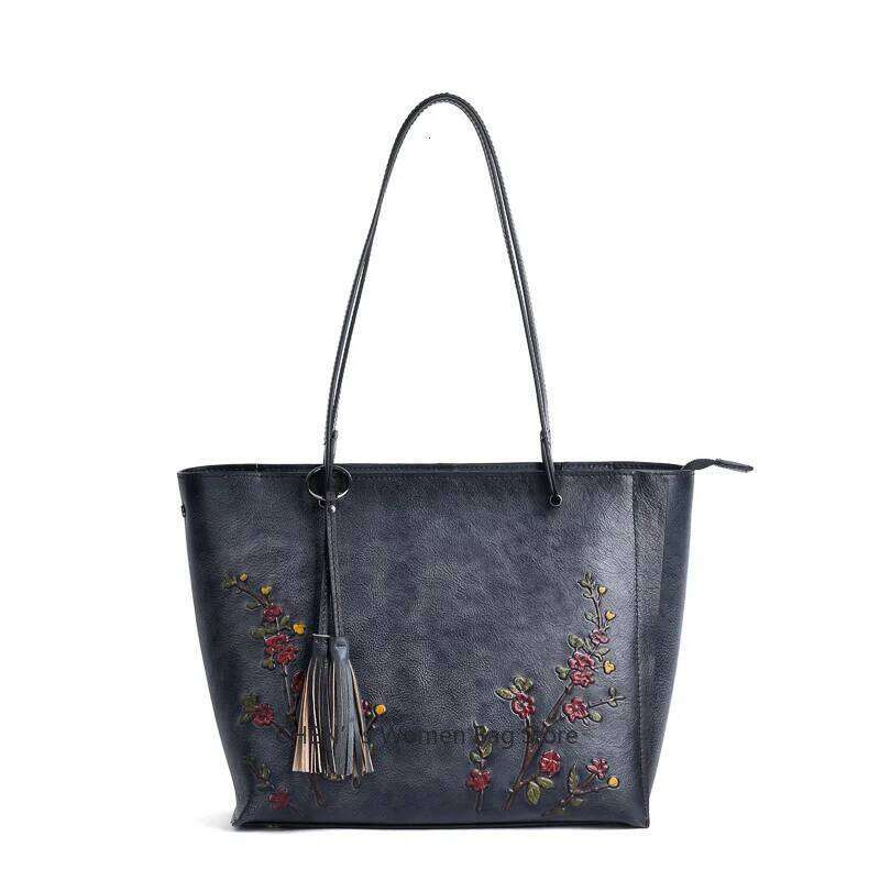 Vintage D Floral Embroidery Designer Large Capacity Women S Tote Bag Premium Cowhide Leather Luxury Handbags For KABAHEBINGJUE