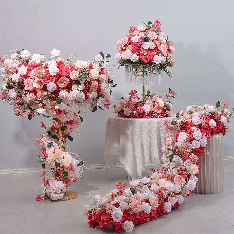 New Hot Pink Rose peony green leaf Artificial Large Runner Row Flower Ball Wedding Backdrop Decoatian Event Party Props W260130