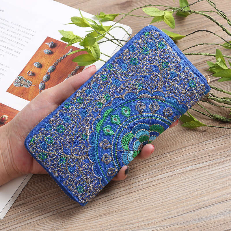 New Chinese Embroidered Wallet Yunnan Ethnic Style Long Zipper Clutch Fabric Double-Sided Embroidery Women's Card Holder National Trend