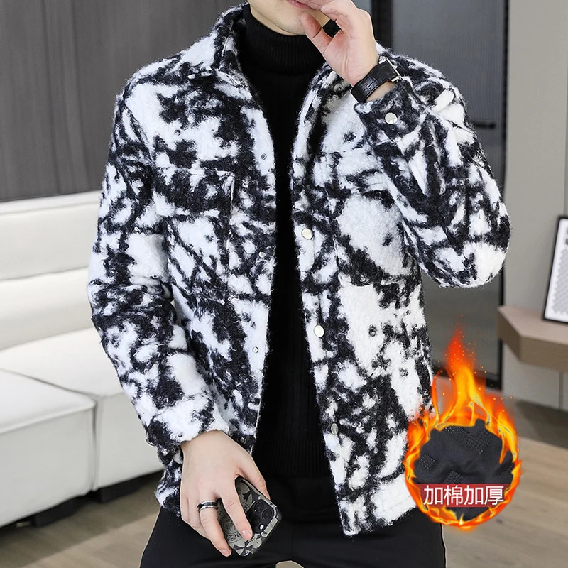 winter Jacquard Woolen Jacket for Men Fashion lapel Casual Short Trench Coat Thickened Warm Streetwear Overcoat 260122