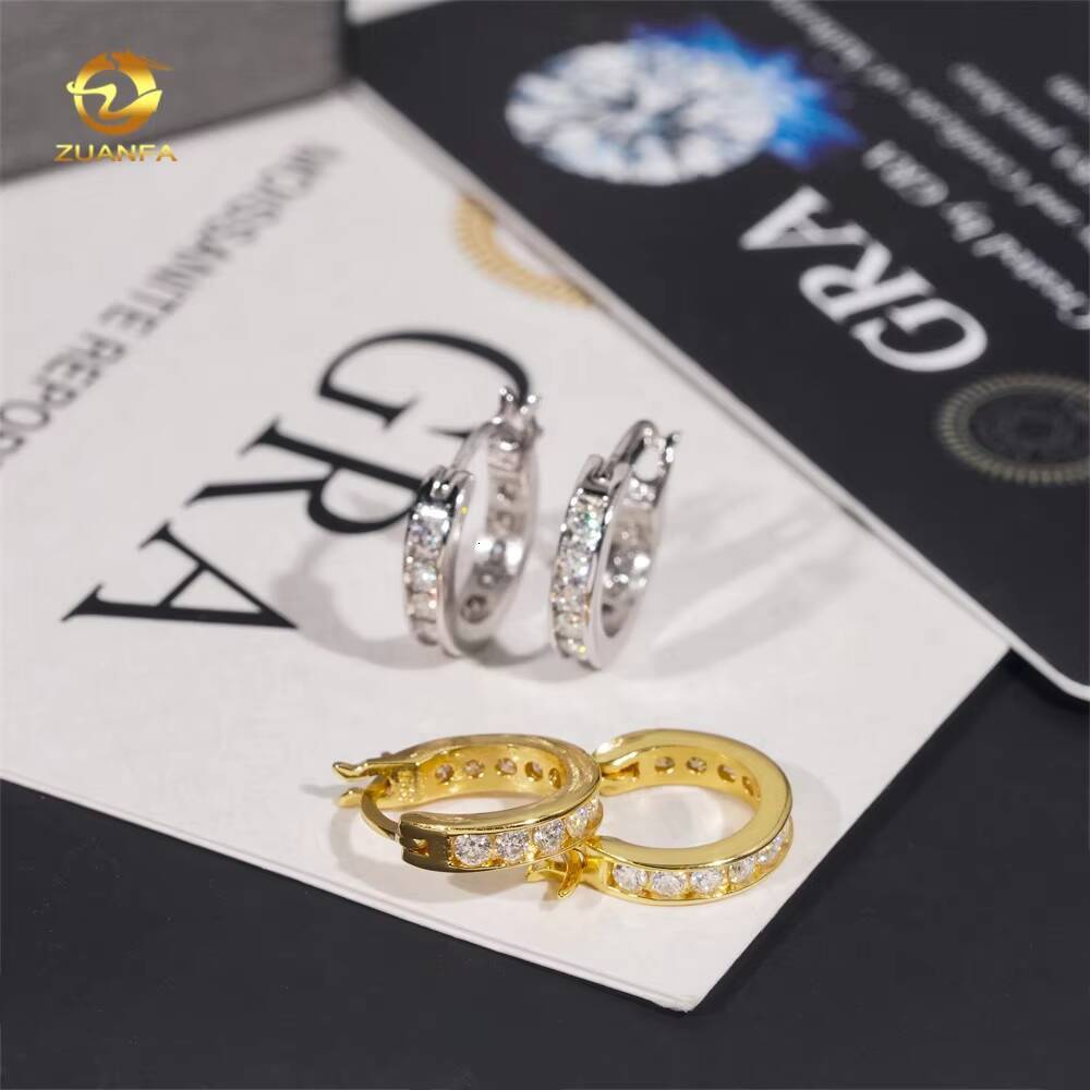 High Quality Low Price 925 Sterling Silver Hip Hop 18k Gold Plated 2mm Moissanite Diamond Hoop Earrings