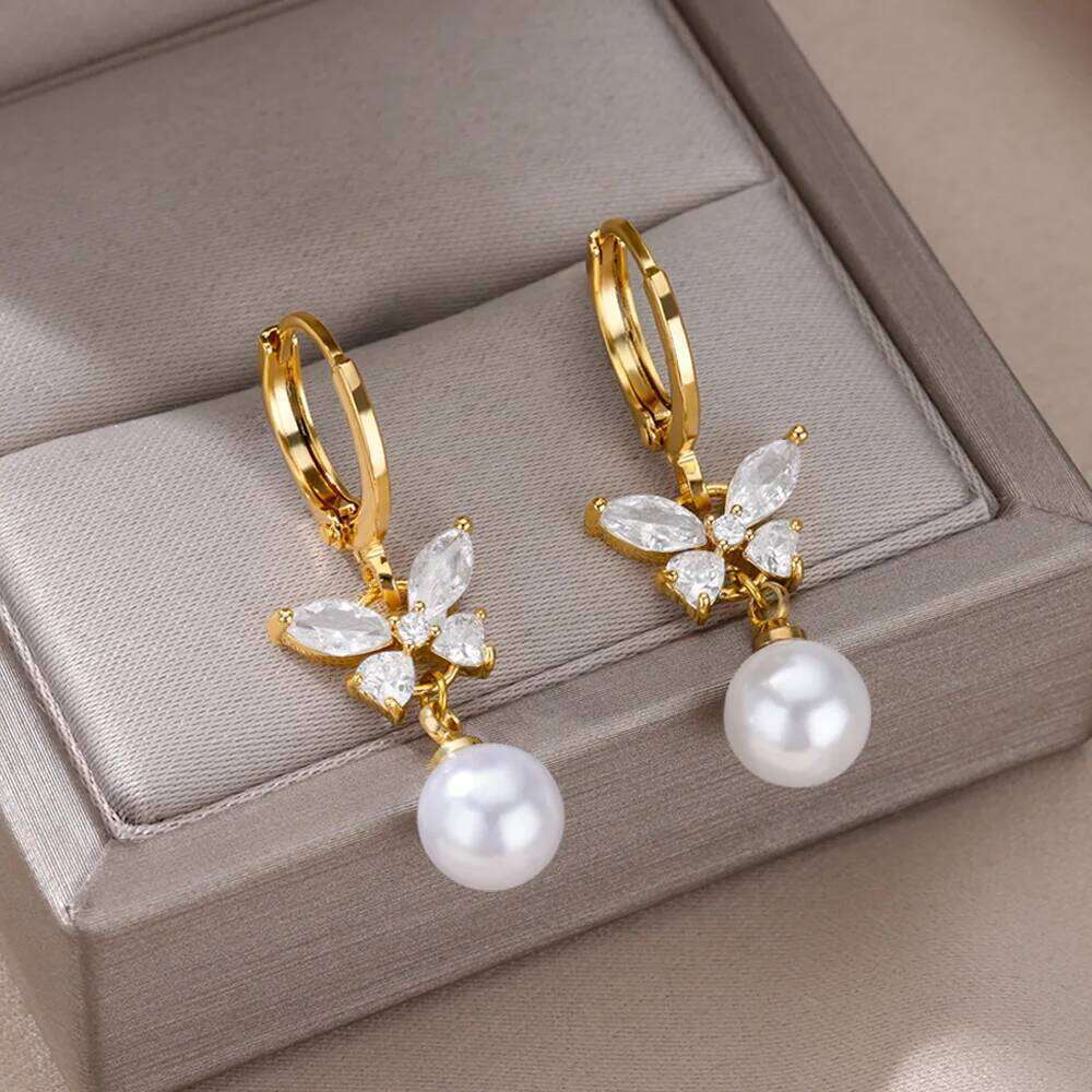 Butterfly Zircon Stainless Steel Pearl Earrings For Women Gold Plated Piercing Earring Aesthetic Luxury Jewelry Gift 2026 New