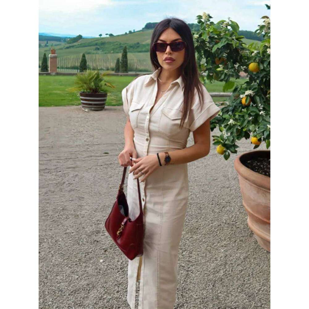 HXAO Women's Dress Button Short Sleeve Midi Summer New Denim Long Dresses Office Elegant Female Clothing XJ260130