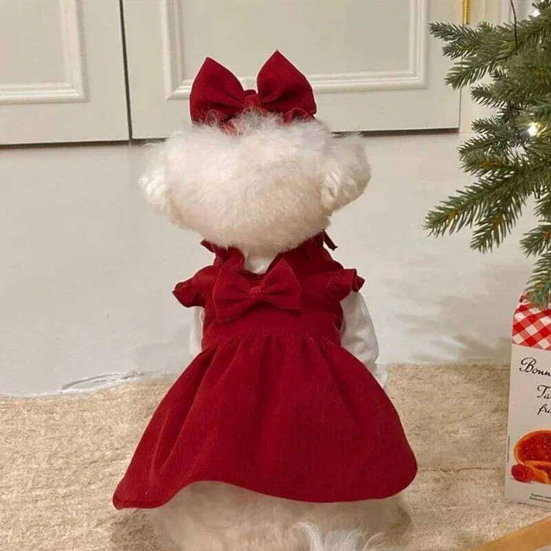 Warm Red Female Clothes Winter Dress Teddy Pullover Pomeranian Solid Colour Puppy Skirt Small Dog Pet Princess Dresses H260130