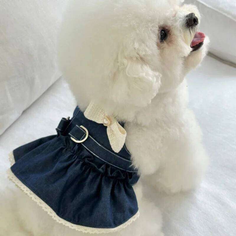 Fashion Denim Skirt Spring Summer Couples Dog Teddy Dress Puppy Breathable Clothes with Bow Pearl Applique H260129