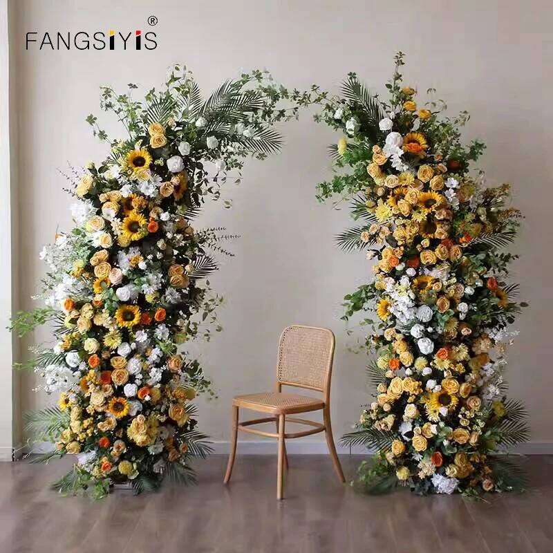 Yellow With Rose Floral Arrangement Wedding ox Horn Arch Backdrop Decor Flower Stand Party Event Stage Frame Prop Window Display Y260130