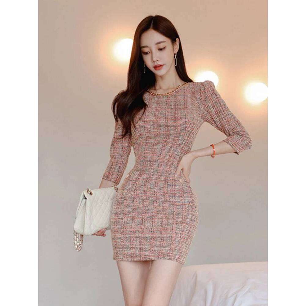 New Autumn Winter Elegant Short Dresses For Women Lady Formal Tweed Retro Sexy O-Neck Wrap Hip Mini Mujer Vestido Street Clothes XJ260130