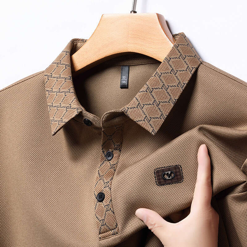 Men's Base Shirt Autumn for Middle-aged and Young Fashion Casual Turn-down Collar with Chest Embroidery Trendy Long Sleeve Polo
