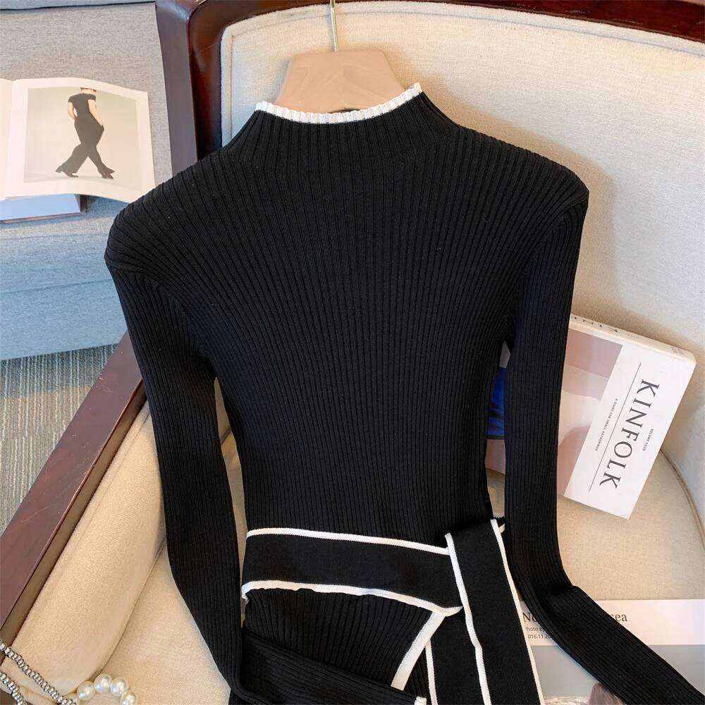 YuooMuoo 2025 New Arrival Women Knitted Elegant Slim Waist Long Sleeves Bodycon Sweater Dress Office Lady Vestidos XJ260130