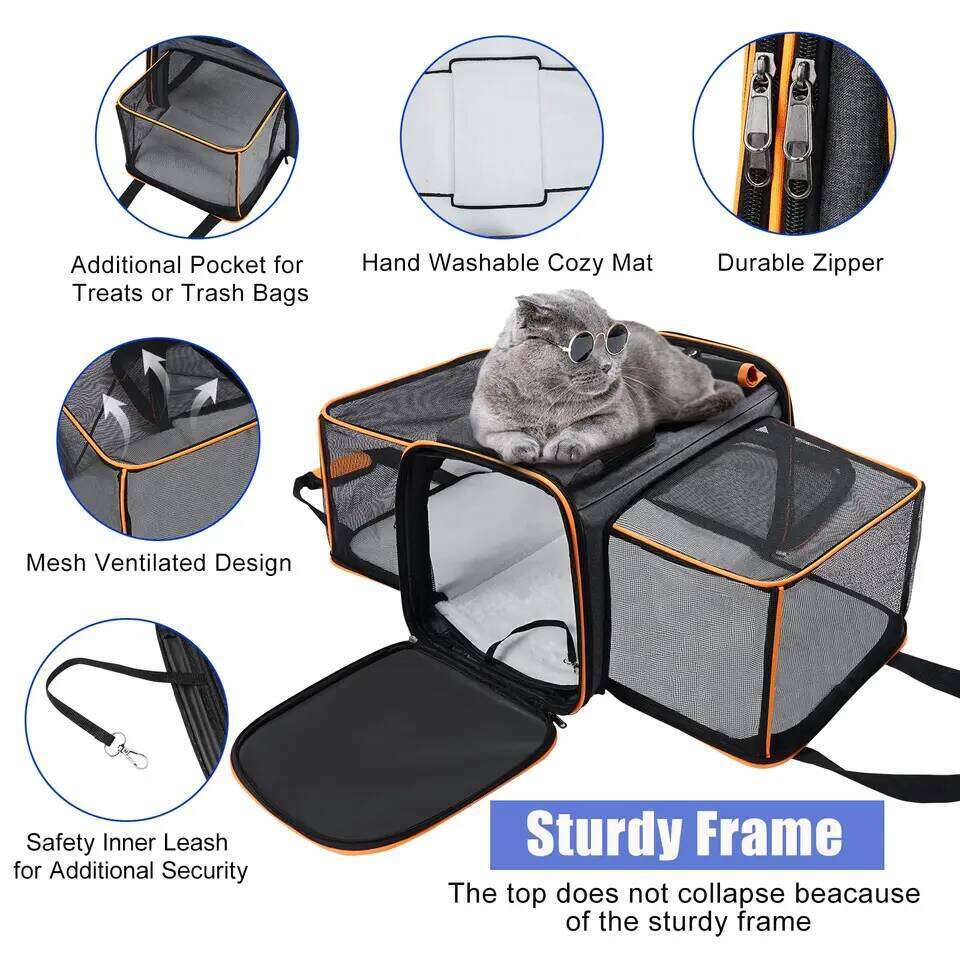 Large Reversible Expandable Cat Dog - with fleece pad and pockets for cats/dogs up to 24 lbs Travel Pet Carrier 26H0130