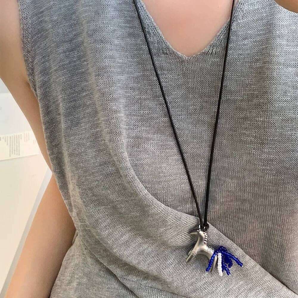 Vintage Metallic Cartoon Horse Beads Strand Tassel Pendant Necklaces for Women Long Adjustable Wax Rope Chain Choker Accessroy