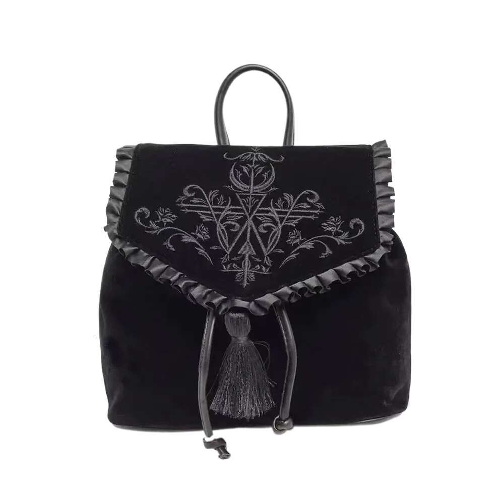 Annmouler Witch Harajuku Magic Embroidery Black Gothic Velvet Dark Punk Rock Style Ladies Backpack Travel Bag