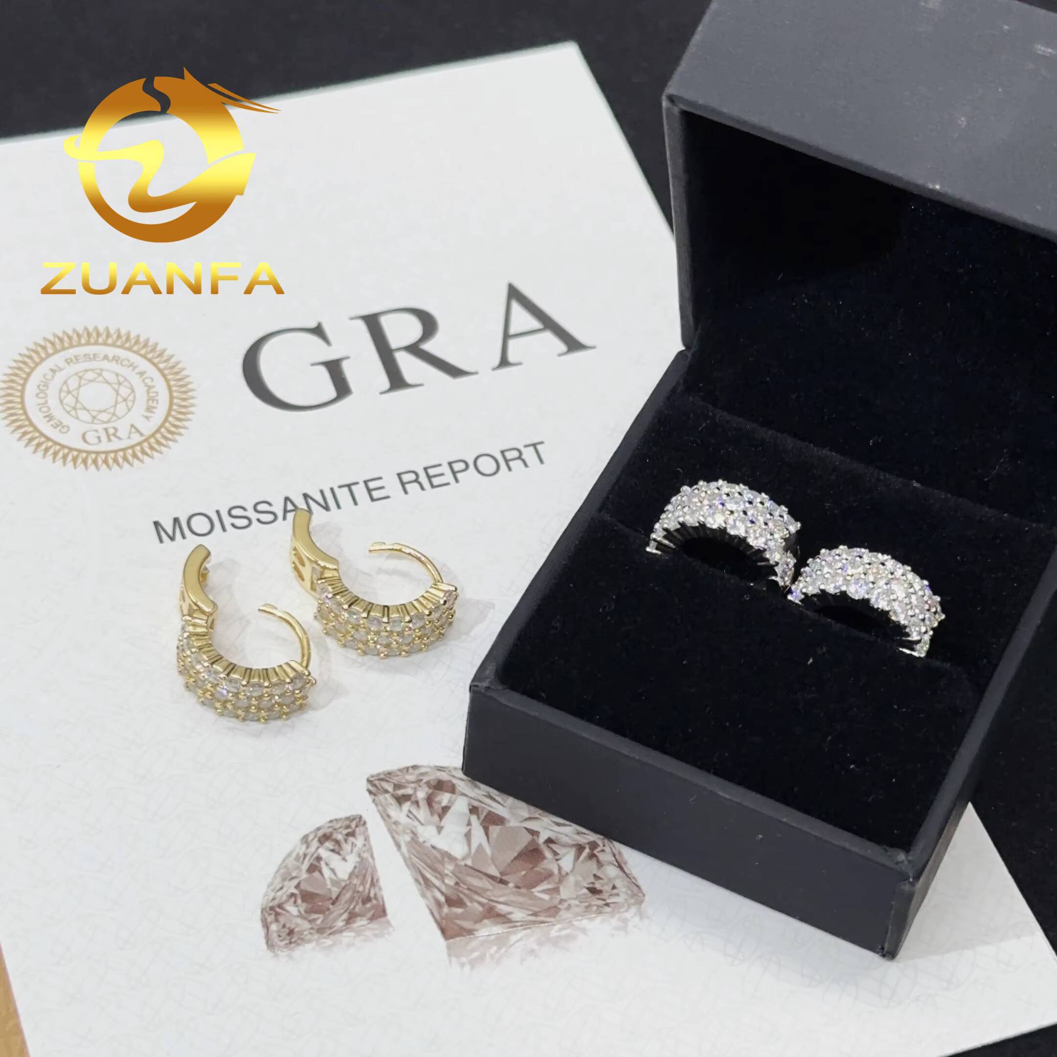 Fine Jewelry Hiphop Earrings 3 Row Moissnite Hoop Ear Rings Women Men Silver Moissanite Rapper Earrings