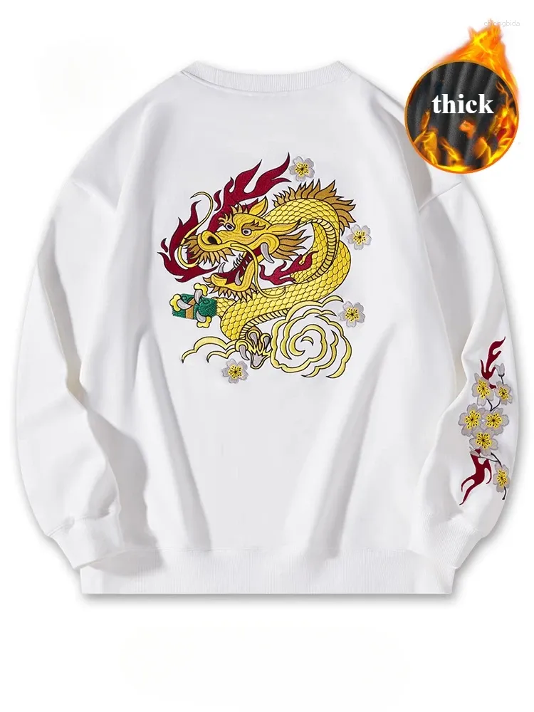 Men's Hoodies Crewneck Sweatshirt Men Casual Embroidery Vintage Chinese Hip Hop Warm Fleece Pullover Cotton Harajuku Streetwear Youth