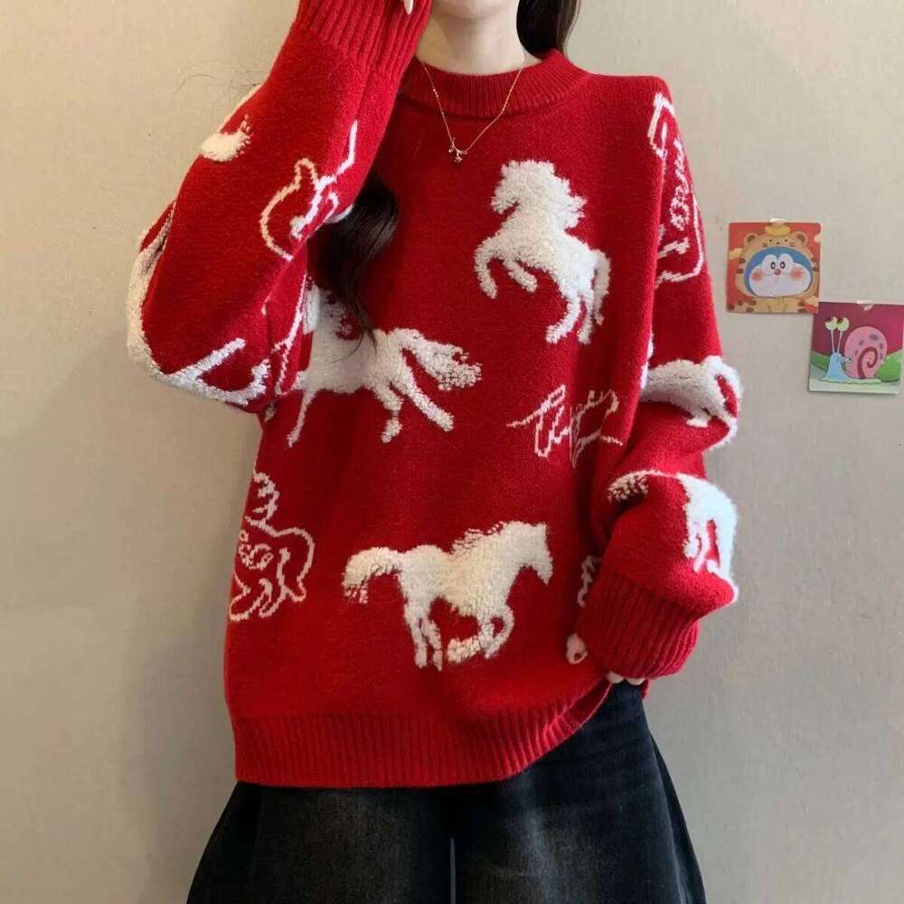 Couple red men s women birth year autumn and winter Chinese New Year Horse thickened knitted sweater jacket luanyun