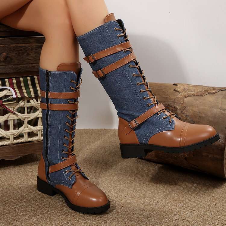 Large Size Belt Buckle Long Tube Riding for Women, New Autumn Round Toe Chunky Heel Lace-up Leather Boots