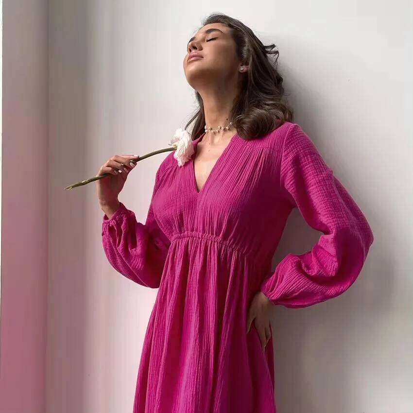 Elegant 100% Cotton Long Sleeve V-Neck High Waist Evening Party Dress Women Robe Girl White Midi Dresses Mori Look XJ260130