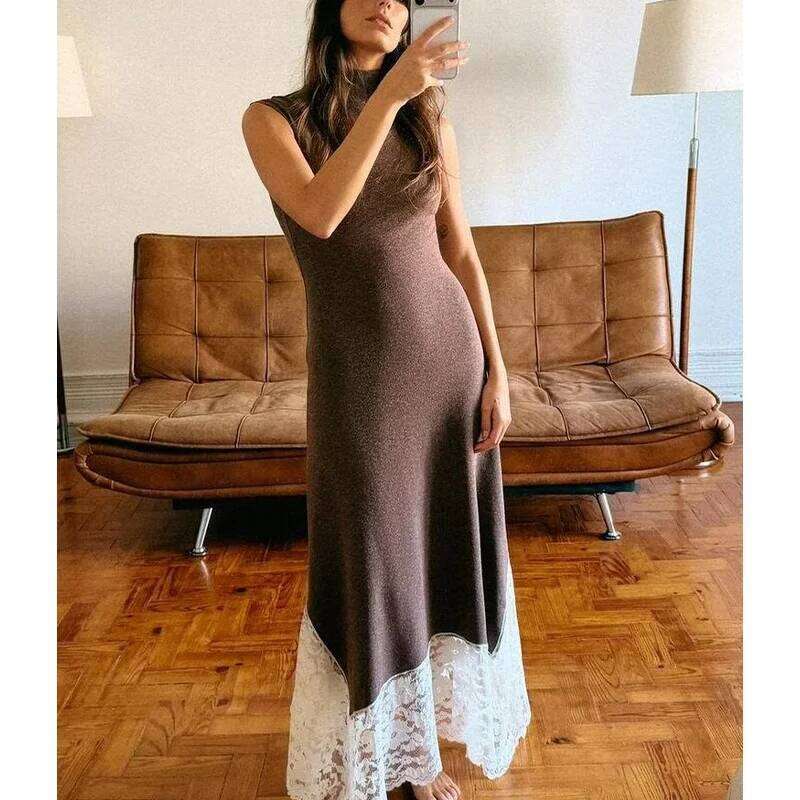 Women's Brown Mock Neck Sleeveless Maxi with White Lace Hem - Elegant Asymmetric Knit Dress for Casual & Formal XJ260130