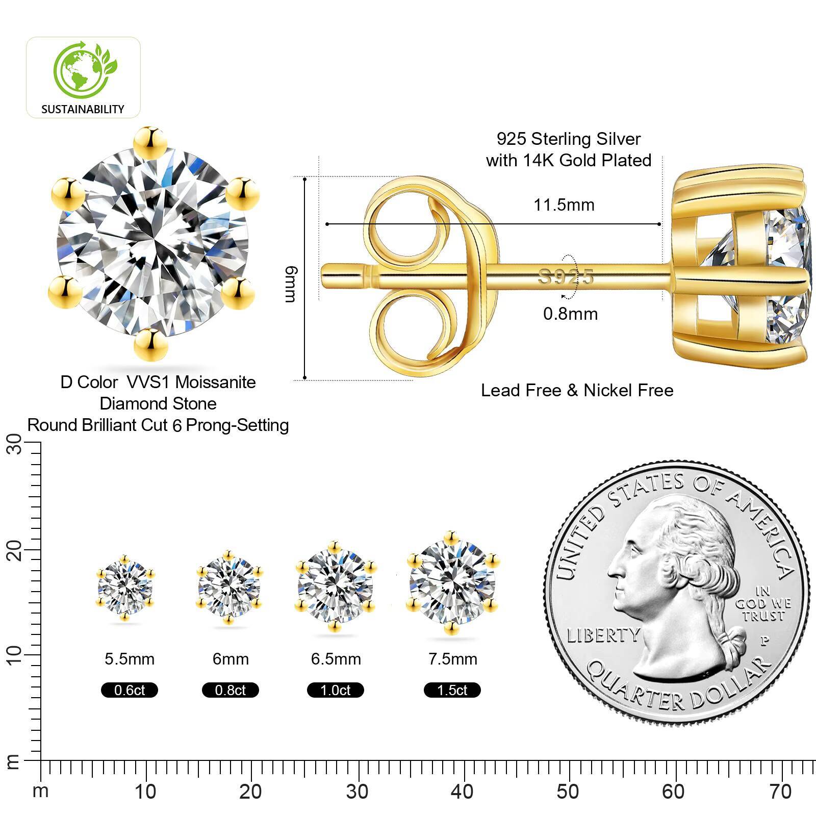 Mothers Day Gift VVS Moissanite Stud Women Jewelry S925 Sterling Silver 14K Gold Plated GRA 1ct 2ct Moissanite Diamond Earring