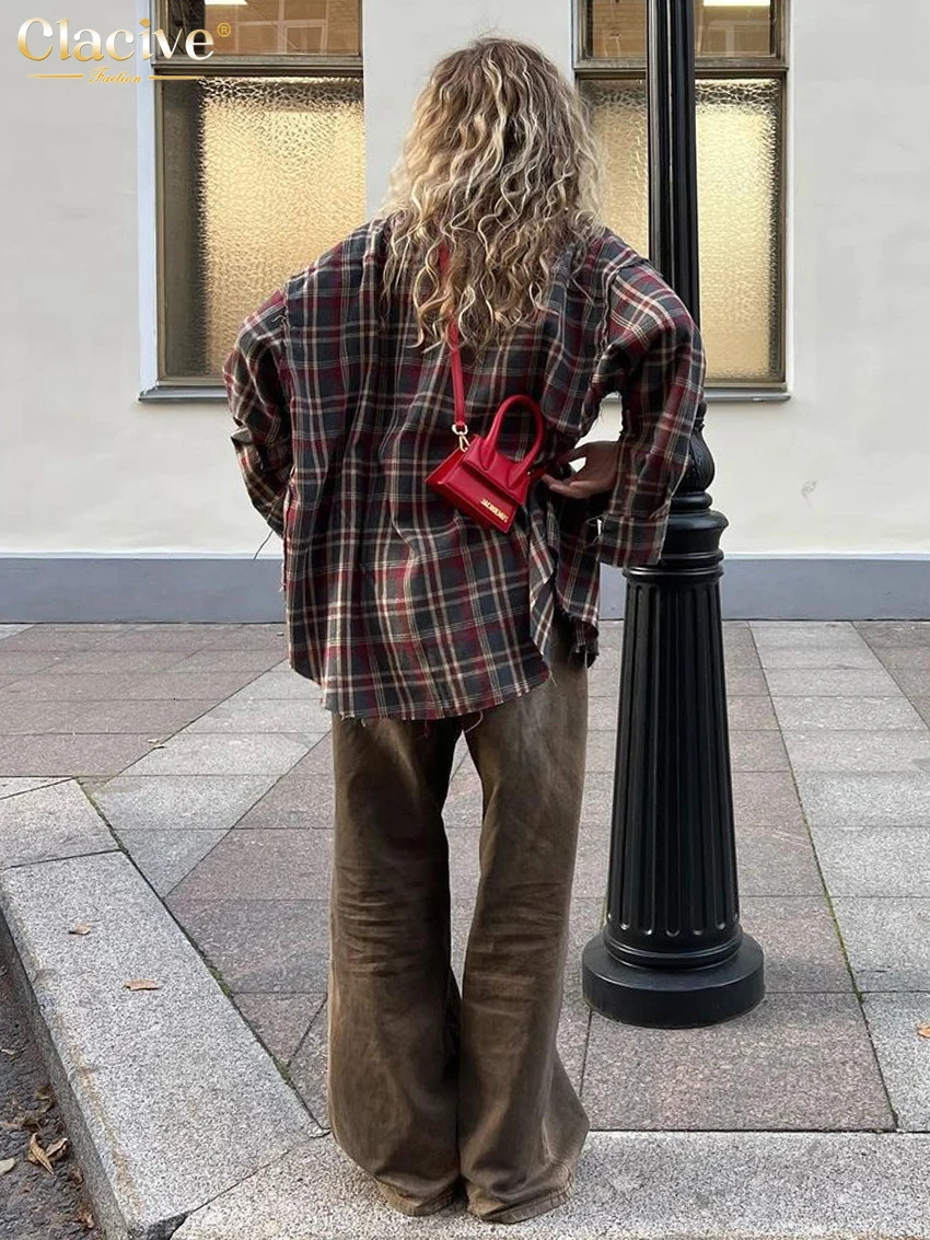 Clacive Fashion Loose Plaid Womens Shirt Vintage Lapel Long Sleeve Blouses Elegant Classic Blusas Top Female Clothing 260126