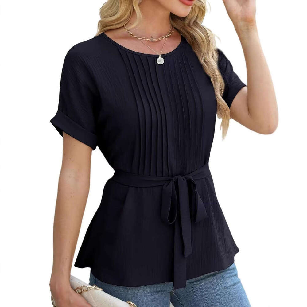 Spring Summer New Casual Shirt With Ruffled Pleats Round Neck Short Sleeve Top Fashion Women LEEGO LENS