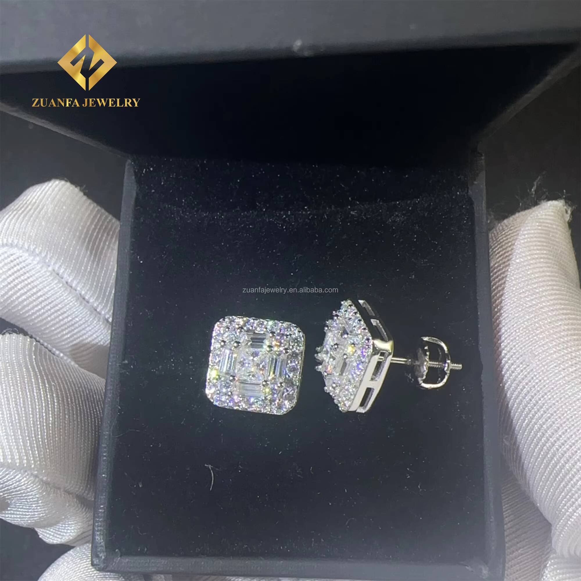 Pass Diamond Tester 925 Silver Rhodium Plated Hip Hop Earring Jewelry Iced Out Baguette Moissanite Diamond Men Stud Earrings