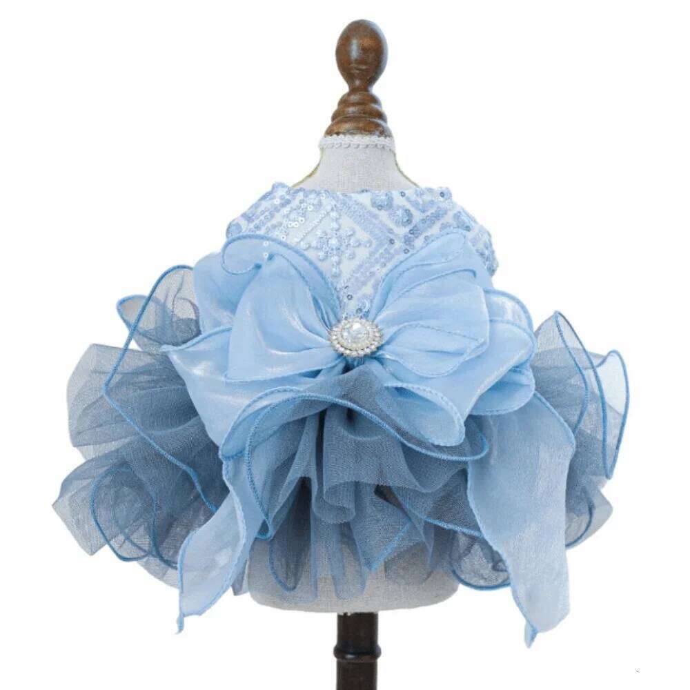 Fashion Fluffy Pet Princess Soft Blue Puppy Fairy Skirt Big Bow Breathable Cat Dog Wedding Dress Photograph Prop H260130