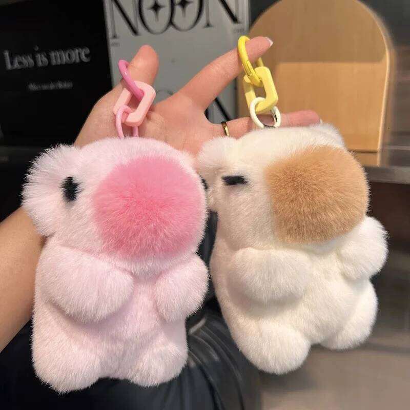 Mini Real Rex Rabbit Fur Bunny Keychain Girl Toy capybara Women Bag Charm Jewelry Pendant Car Key Metal Ring Classic Ornament Z260130