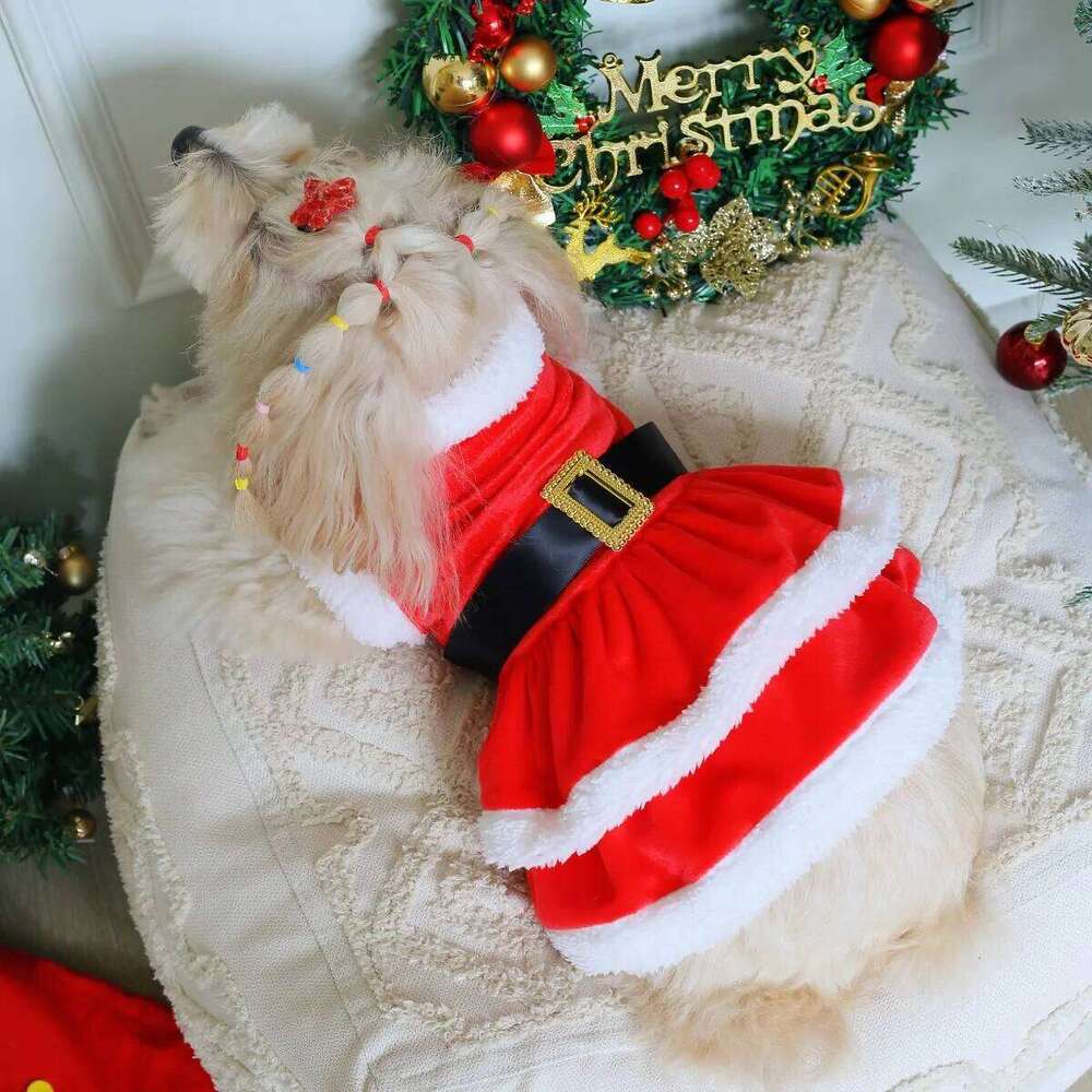 400A Red Velvet Cake Tiered Dress with a Black Satin Belt, Gold Buttons, and White Trim for Christmas H260129