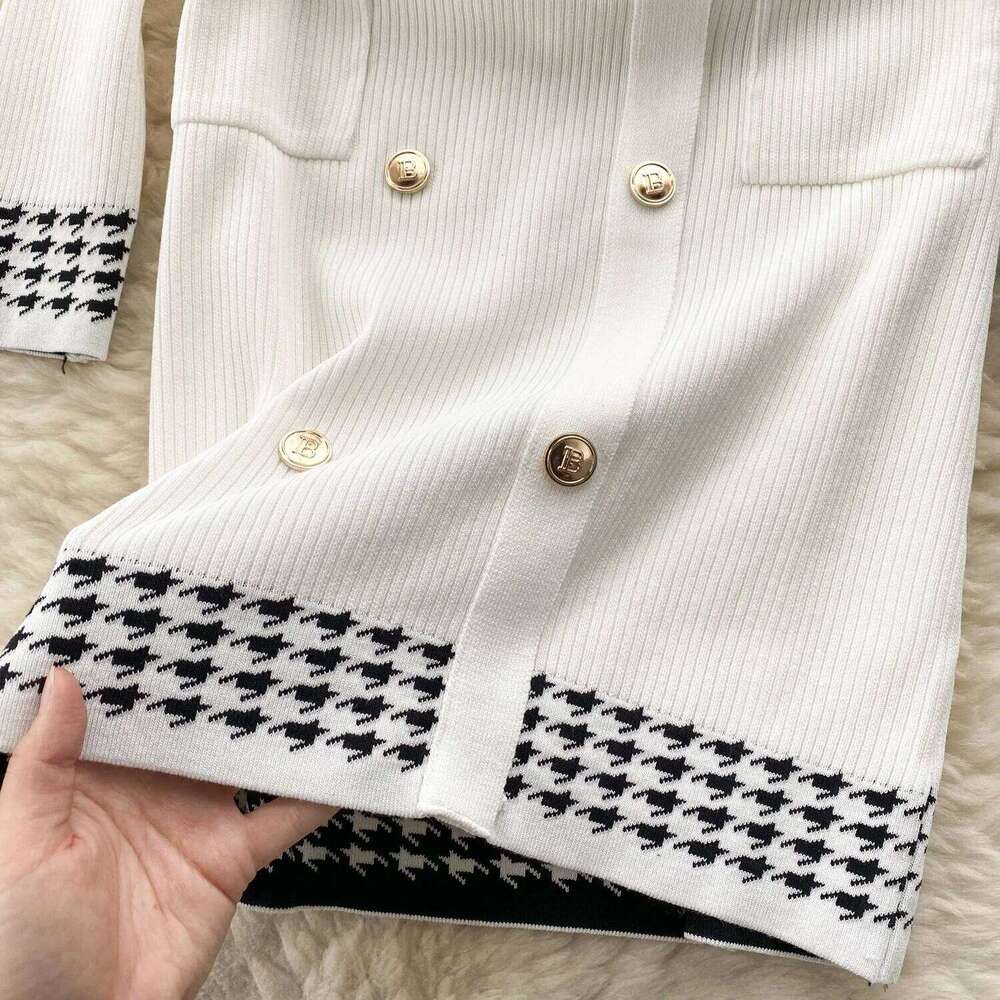 YuooMuoo Lady Brand Letter Buttons Knitted Sweater with Belt Elegant Double-breasted Bodycon Office Dress Party Vestidos XJ260130