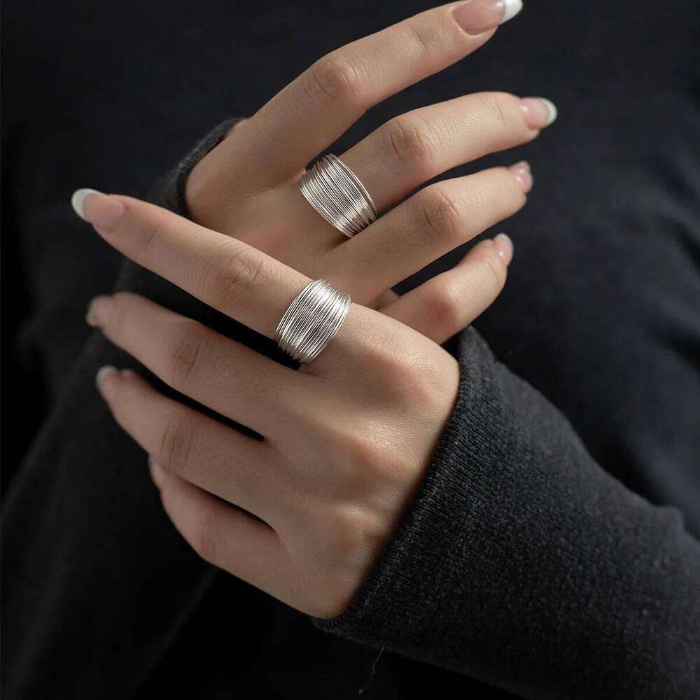 US Size Width1cm Ring Korean Women Silver 925 Sterling Jewelry Multilayer Line Plain Stylish Rings For Girl XJ260130