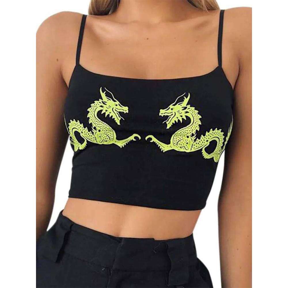 Fashion 2026 Women Casual Dragon Pattern Crop Tops Summer Cropped Sexy Tight Attractive Fitness Polyester U Neck Fashion Sleeveless Straps Designer