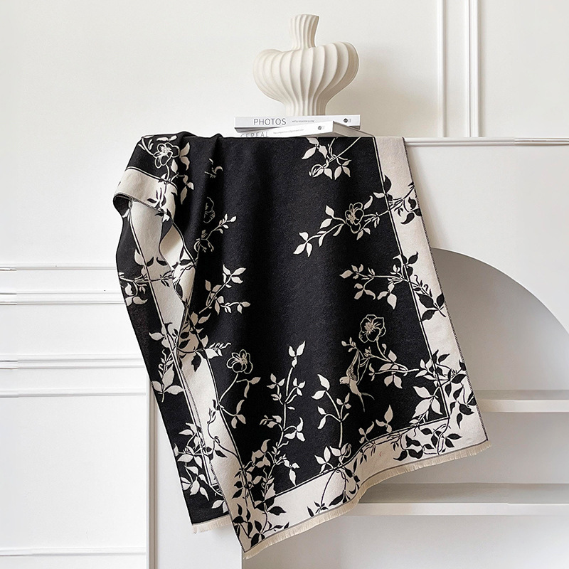 Luxury Accessory Scarves Vintage Artistic Imitation Cashmere Scarf Shawl Double-Sided Magpie Flower Vine, Skin-Friendly Soft Neck Warmer, Winter Warm 