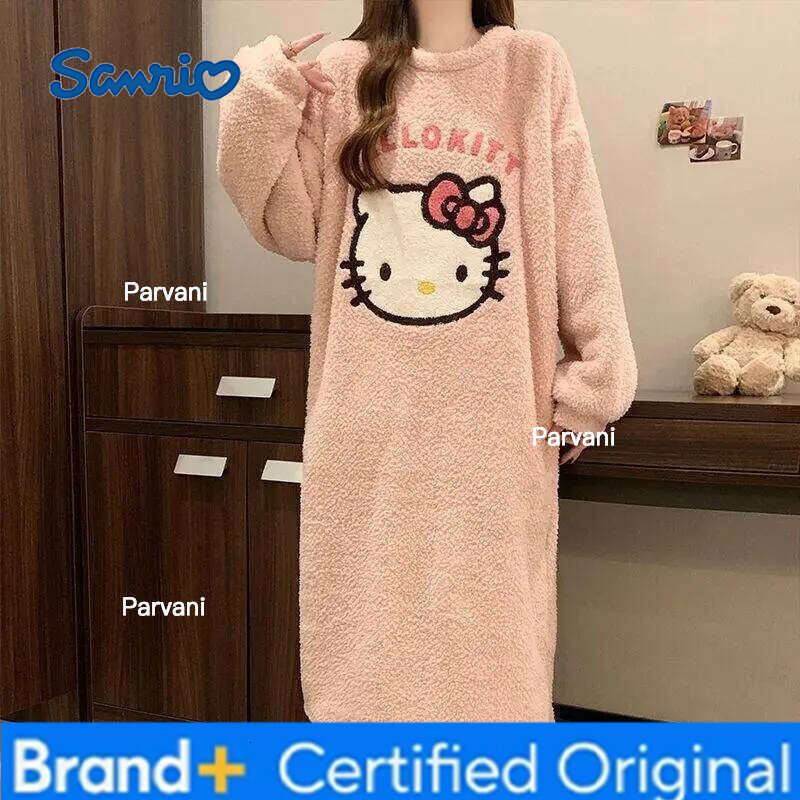 Sanrio Hello Kitty Cartoon Women Sleep Dress Coral Fleece Thickened Student Dormitory Sweet Mid Length Homewear Autumn Winter H260130