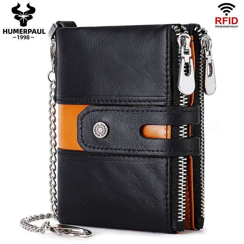 HUMERPAUL Genuine Leather Men's Wallet Fashion Quality Travel Purse Rfid Card Holder Wollst for Men with Chain Z260130