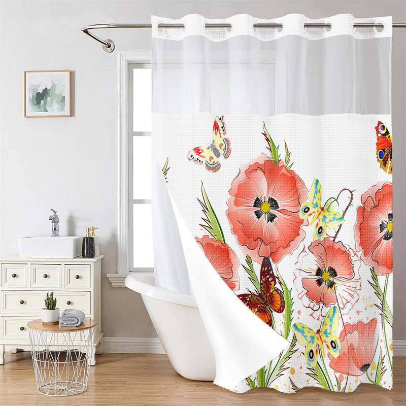 YL-38246 Digital Printed Double-Layer Large Ring Polyester Shower Curtain - Waterproof and Mildew-Proof, Floral Pattern Bathroom Curtain