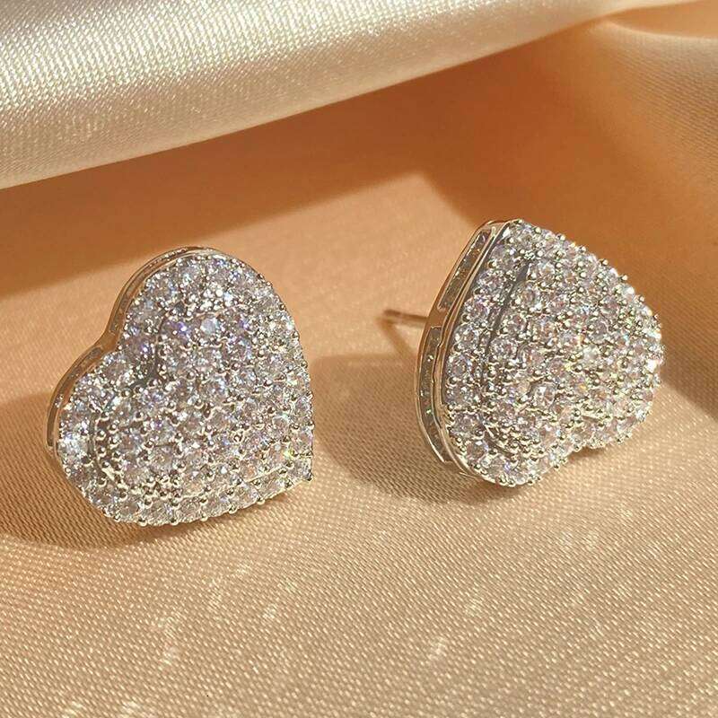 Loving Heart Zirconia Stud Earrings For Women Girls Silver Color Metal Crystal Ears Accessories Wedding Jewelry Gifts