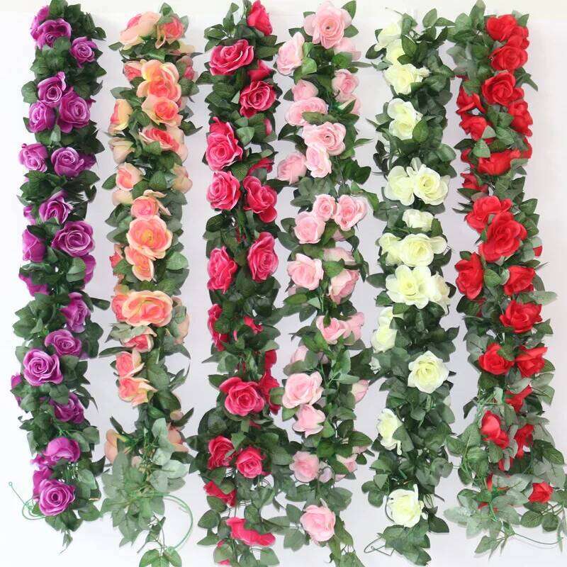 2.2m Silk Artificial Roses Flowers Rattan String Vine with Green Leaves For Home Wedding Garden Decoration Hanging Garland Wall W260130