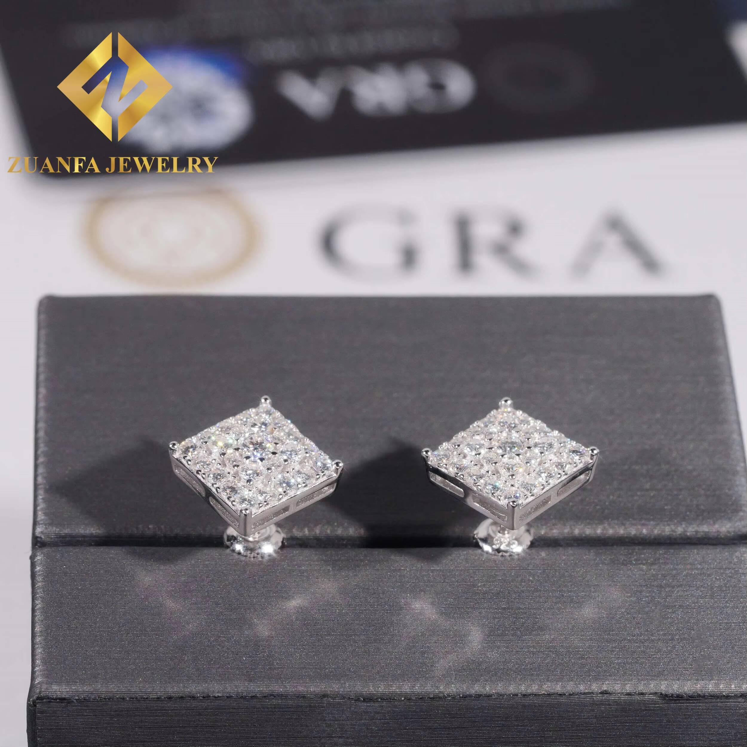 Fashionable Luxurious Square Shape Stud Earring 925 Sterling Silver VVS Moissanite Stud Earring for Men