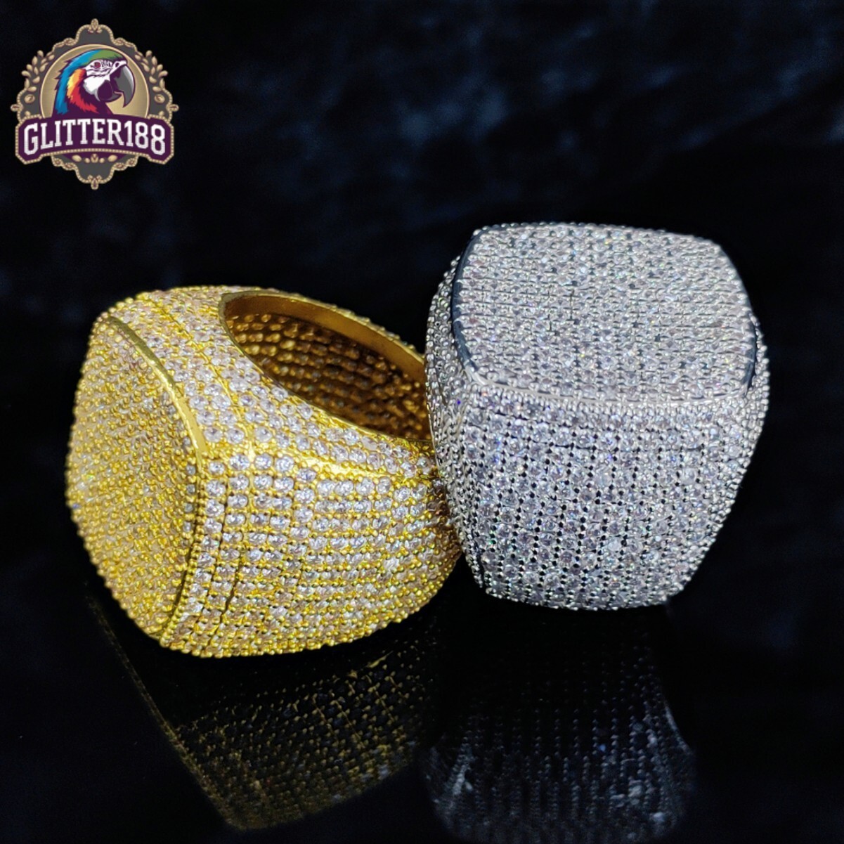 Mens 14K Gold Plated Cuban Square Ring Exquisite Shiny vvs moissanite Micro Pave Inlay Technology for Parties Anniversaries Gift