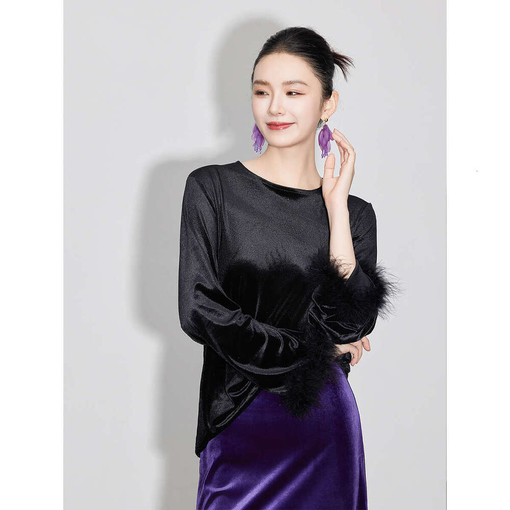 Zhihetang Black Velvet Women's Inner Wear Autumn Winter New Base Shirt Long Sleeve Feather T-Shirt 6561 LEEGO LENS