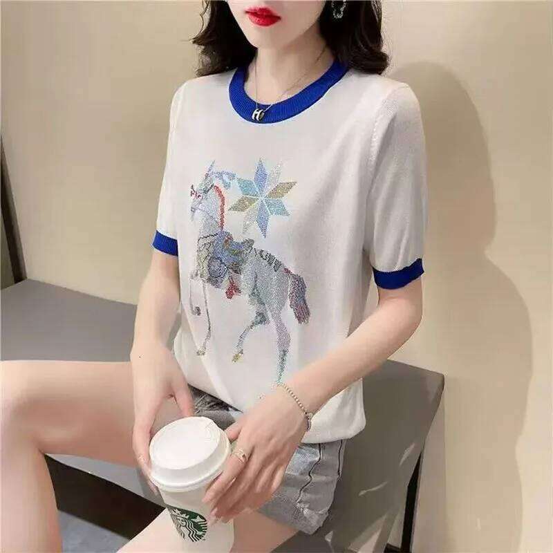 Women's Clothing Hong Kong Style Hot Fix Horse T-Shirt Summer Knit Short Sleeve Casual Tees Lady Designer Fashion Versatile O-Neck Pullover Tops