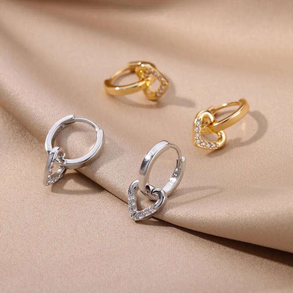 Hollow Zircon Earrings For Women Stainless Steel Gold Color Heart Earring Luxury Wedding Couple Jewelry Gift Free Shipping