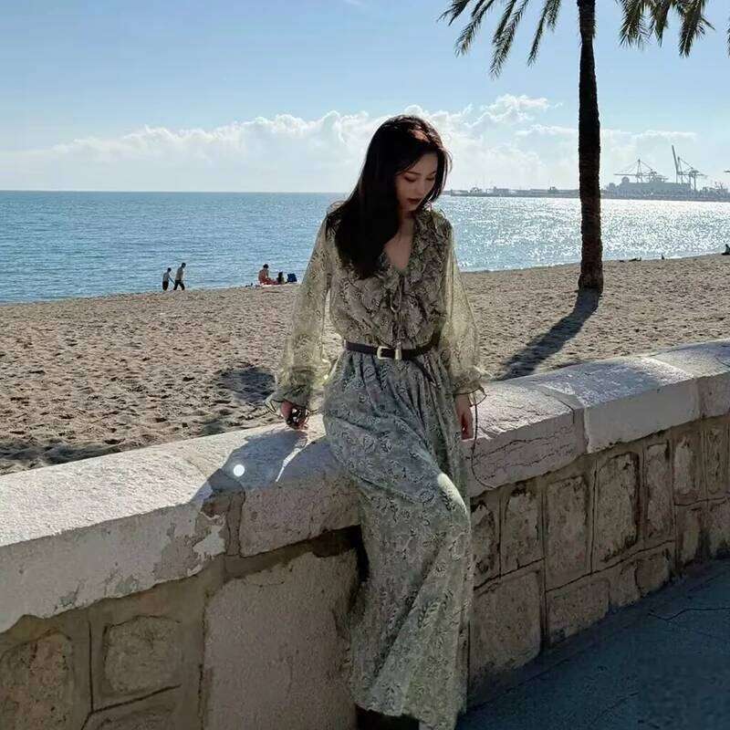 Dresses 2025 New Spring Chiffon Print V-neck Chic Slim Long Fashion Elegant Holiday Street Women's Dress XJ260130